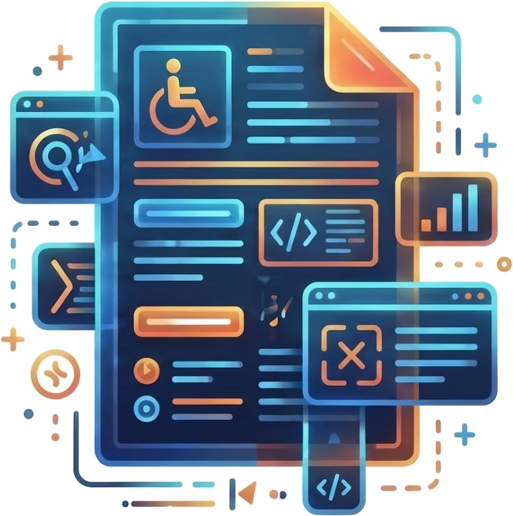 Digital accessibility illustration showing metrics, code analysis, and accessibility features